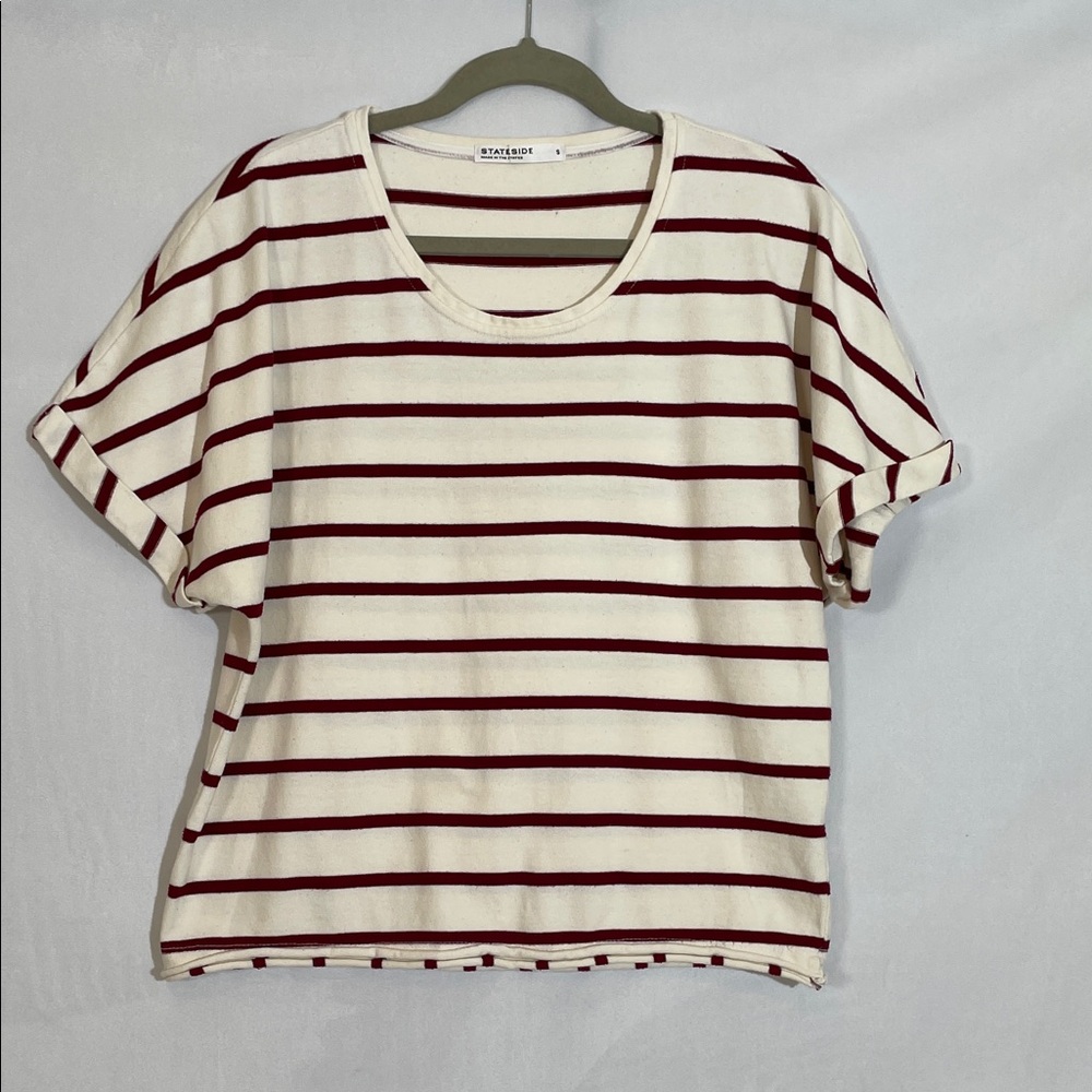 Anthropologie Stateside Short Sleeve Striped Top Tee Size S Cream Burgundy EUC